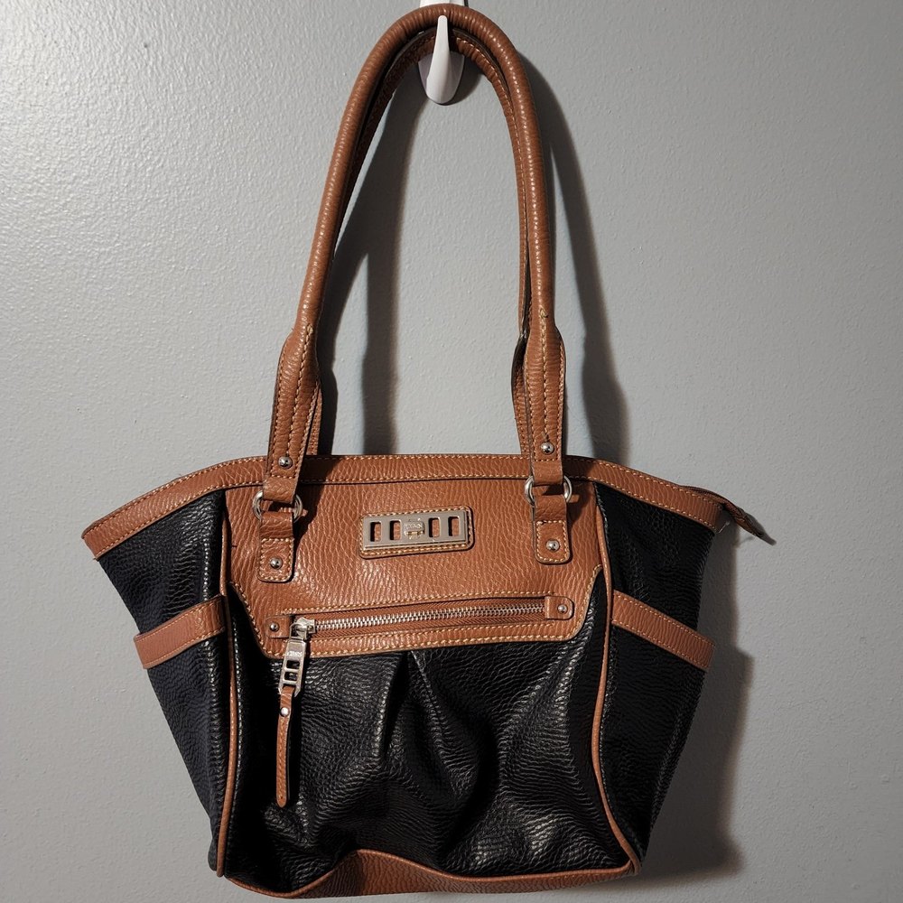 CHAPS Purse Handbag Black Brown Fuax Leather